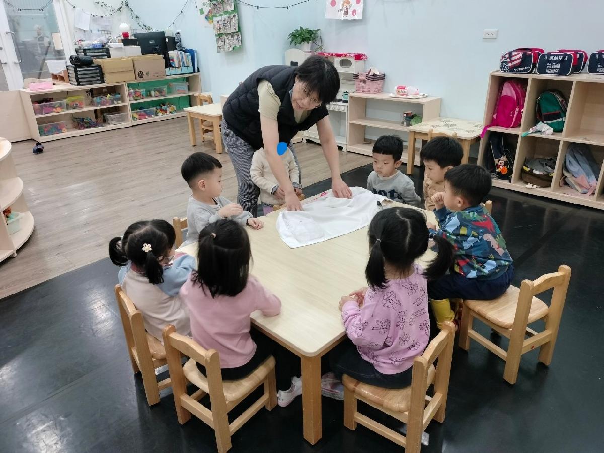 有標籤那面往上、帽子貼著肚子、兩手向前一伸、手舉高，頭低低，外套穿好了！