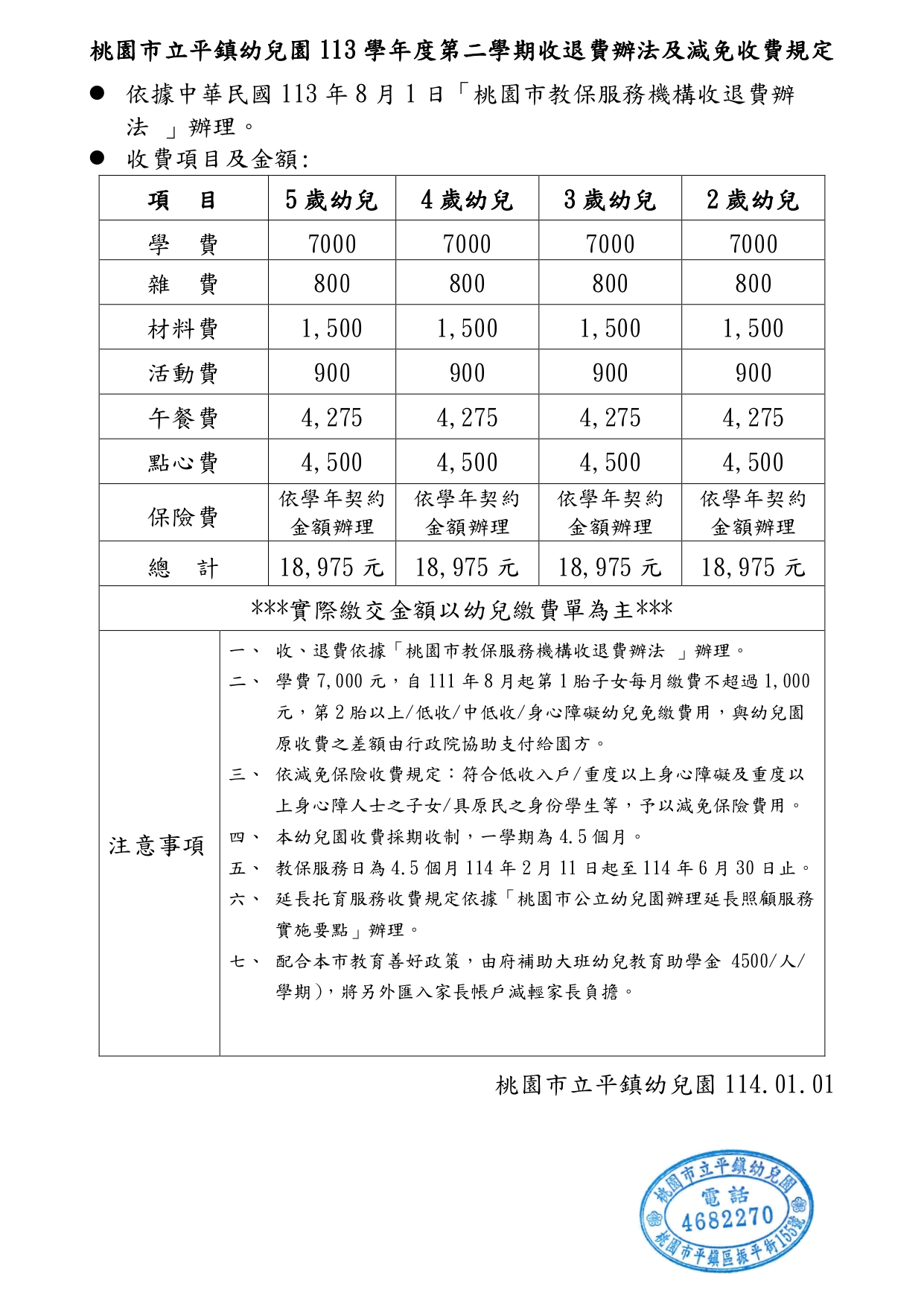桃園市立平鎮幼兒園113學年度第二學期收退費辦法及減免收費規定